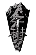 mountain with 3 crosses with a big one that has the jesus on top with cliyd behind simple  tattoo design idea