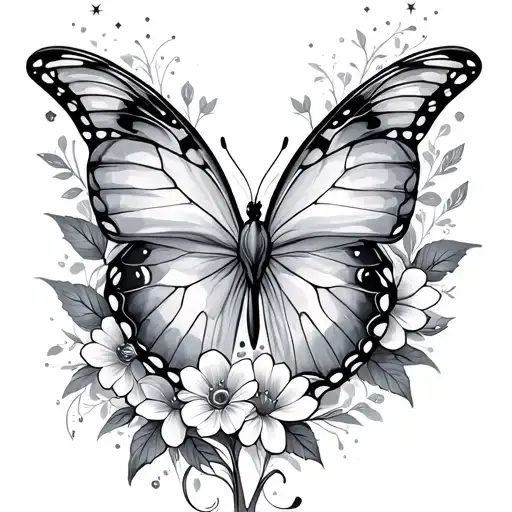 butterfly, sparkles, flowers intertwined tattoo design idea