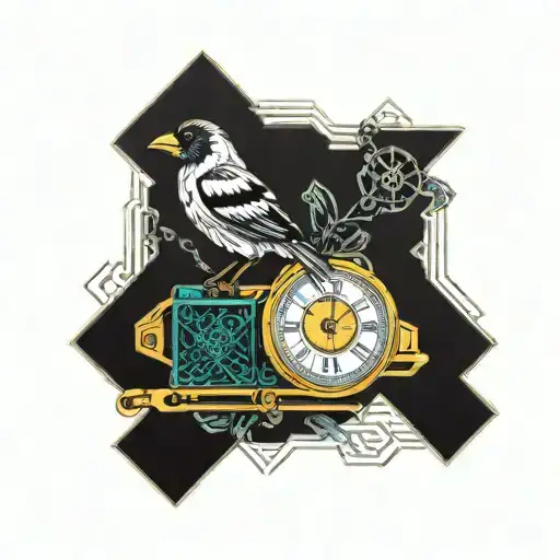 Oriole bird, religious symbol, harmonica, clock time, memorial style tattoo design idea