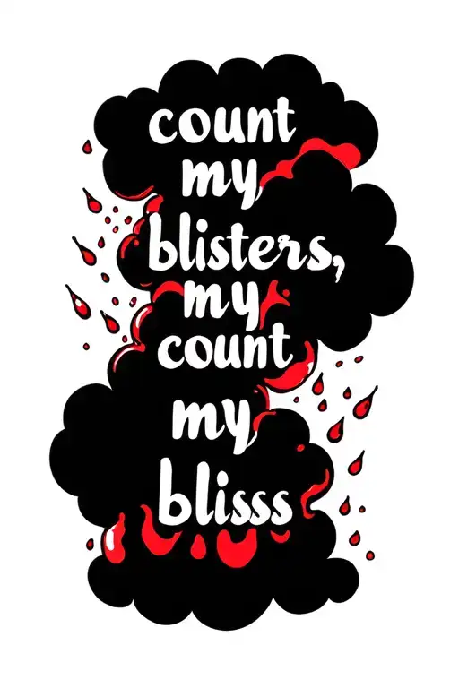 the words "count my blisters, count my bliss" with black clouds around them and blood droplets on the word "blisters" tattoo design idea