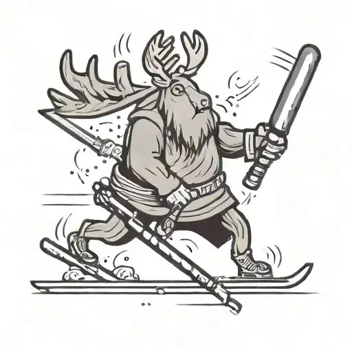 A stick figure moose on skis holding a lightsaber tattoo design idea