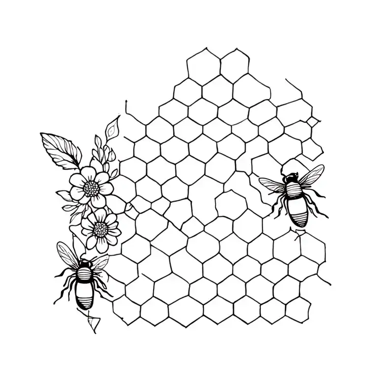 bees, flowers and honeycomb pattern inspired tattoo design idea