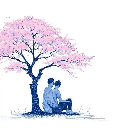 Fine line tattoo design of two people sitting under a cherry blossom tree. blue lavender grey pink tattoo design idea
