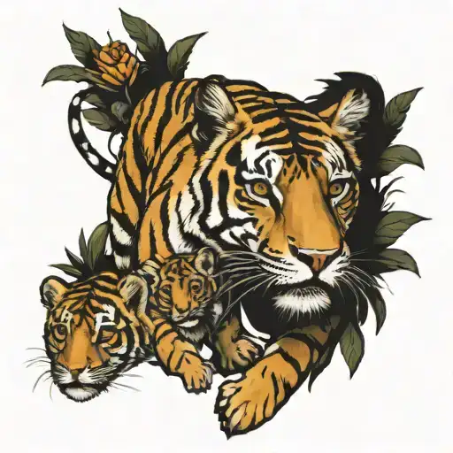 Tigress with two lion cubs in nature in full growth on a hunt tattoo design idea