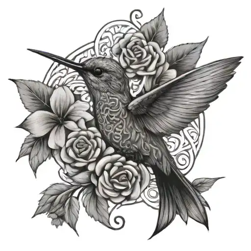 A humming bird made out of Celtic knots with  pretty flowers around it  tattoo design idea