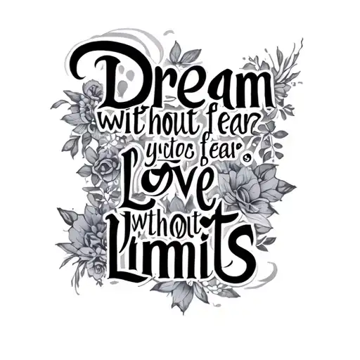 a calligraphy spine tattoo saying "dream without fear, love without limits." put a small cute decorative piece tattoo design idea