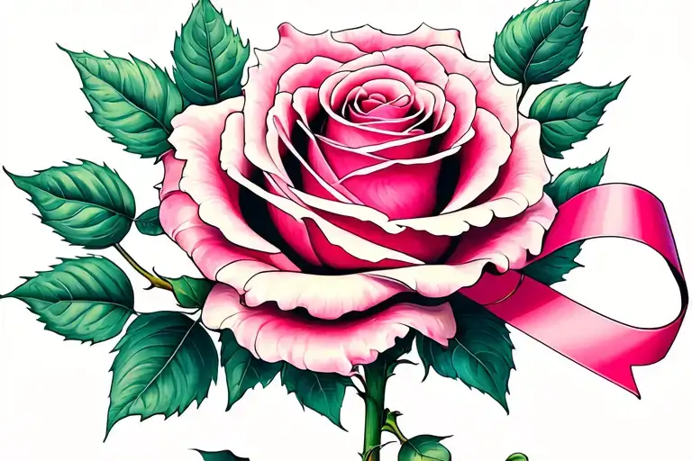 traditional rose growing with breast cancer ribbon tattoo design idea