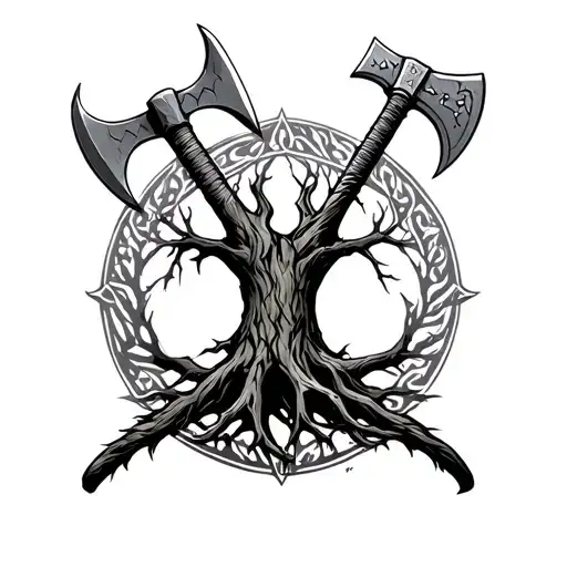 tree of life with 1 viking battle axe and 1 native war hatchet tattoo design idea