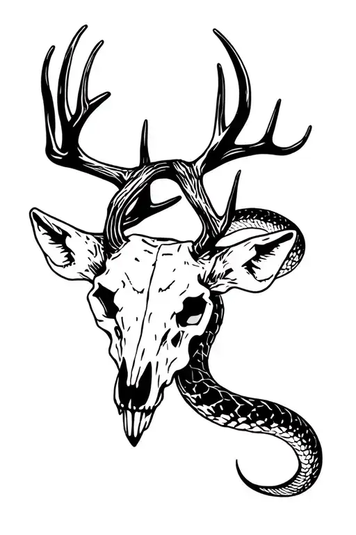 Rattlesnake and deer skull tattoo design idea