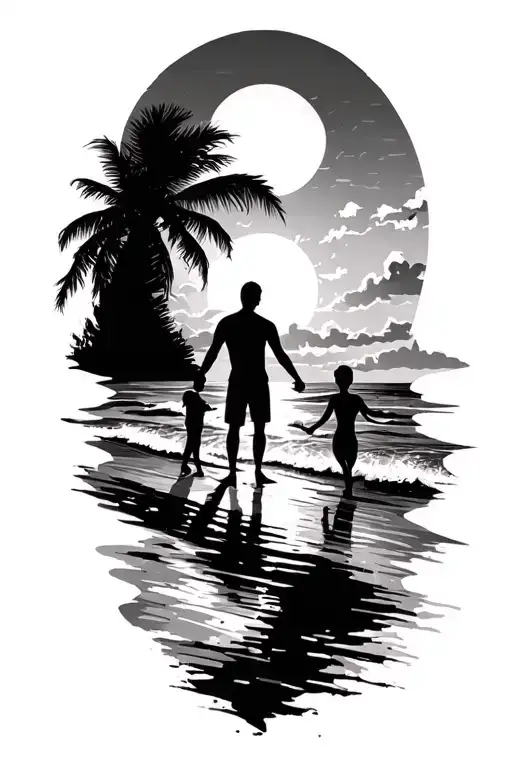 sunset beach scheme black sillhouete.  Girl, Man, Boy holding hands. tattoo design idea