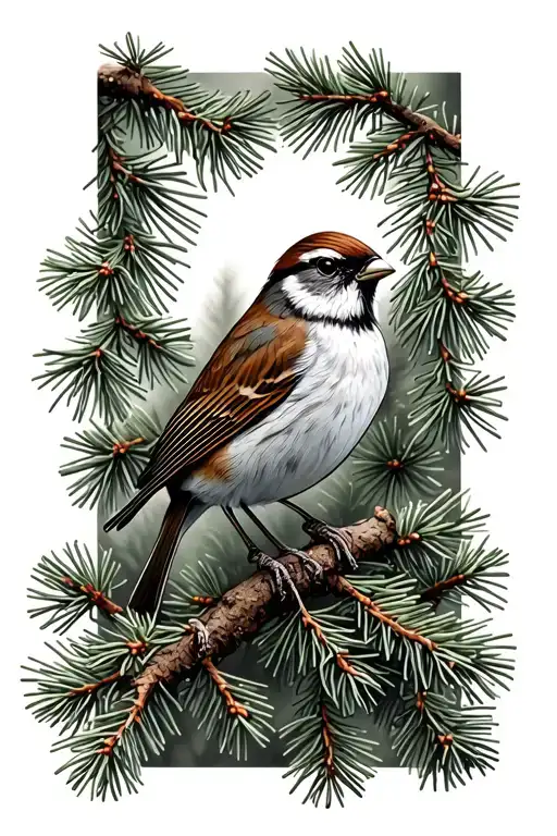 Sparrow and evergreen trees tattoo design idea