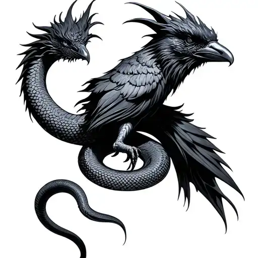crow dragon snake coiled tattoo design idea