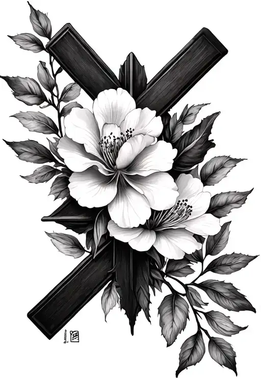 cross and almond blossom tattoo design idea