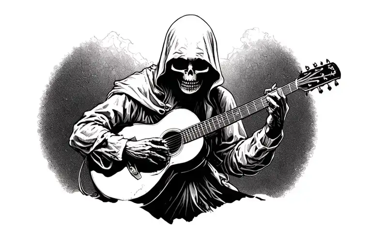 grim reaper playing guitar transforming tattoo design idea