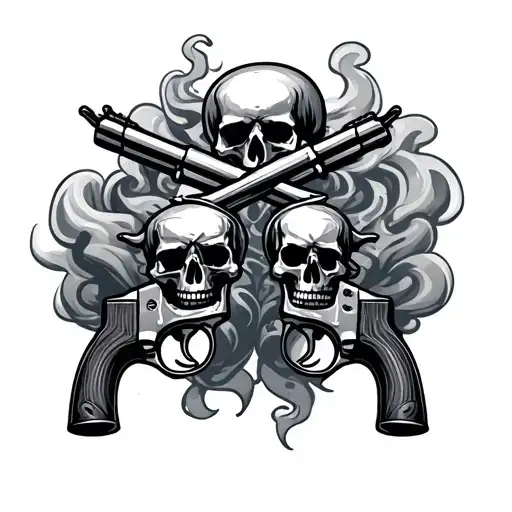 two revolvers crossing with skull and smoke around them  tattoo design idea