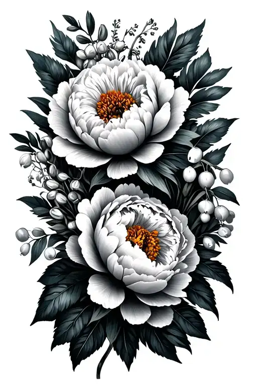 fine line bouquet of peony, ranunculus, dahlia, lily of the valley and peony tattoo design idea