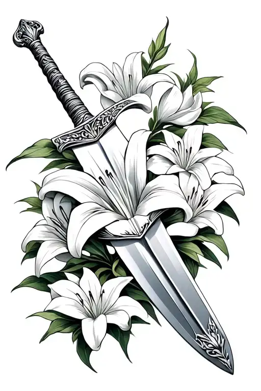 A long sword surrounded by lily flowers tattoo design idea