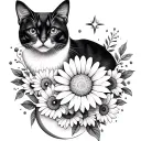 customize and spine tattoo. cat, Daisy flowers, squiggly lines, star moon, Virgo. tattoo design idea