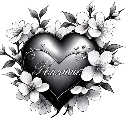 realistic heart around cherry blossom flowers with a name tattoo design idea