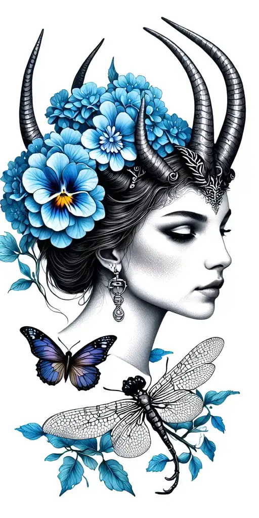 Capricorn woman with horns, Libra scales, pansy flower, butterfly, dragon fly, beetle, tiny blue hydrangea petals tattoo design idea