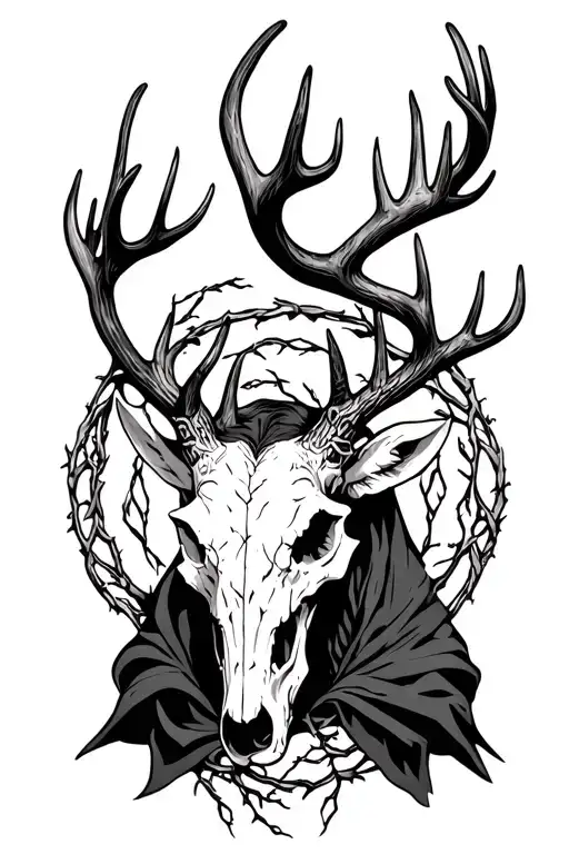 Norse Druid Stag Skull demon broken free from norse protective circle with vines cloak tattoo design idea