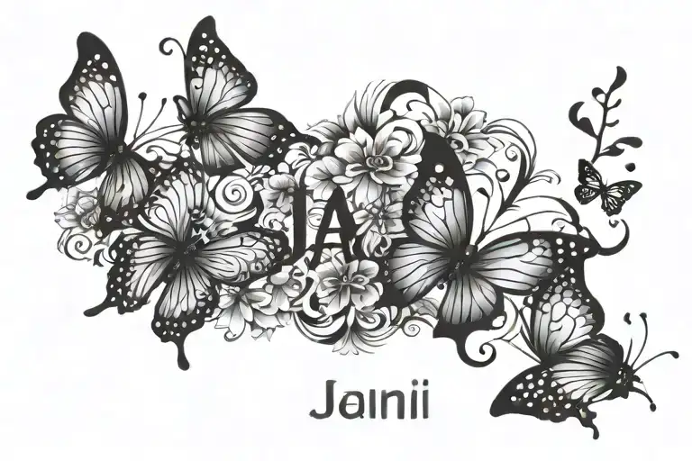 simple. the name "Ja'lani" with butterflies surrounding tattoo design idea