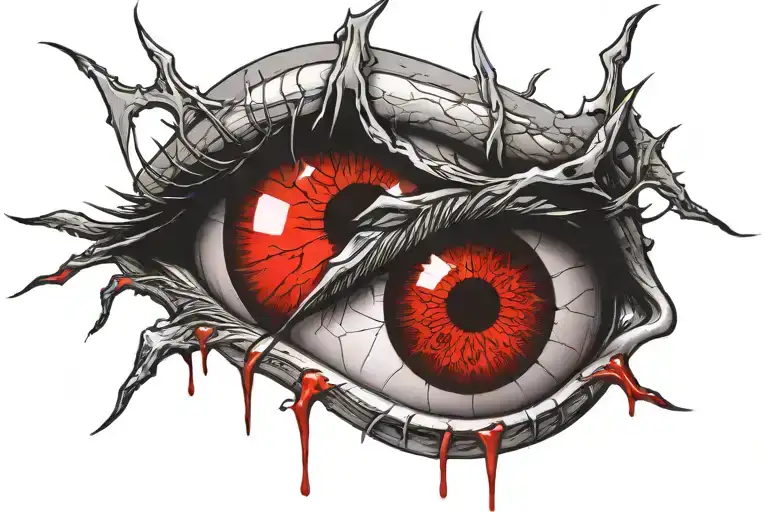 Demonic eye, crying blood, grey iris, pinpoint pupil, veiny, bloodshot, all seeing eye, Satanic, Satanism, Black and red tattoo design idea