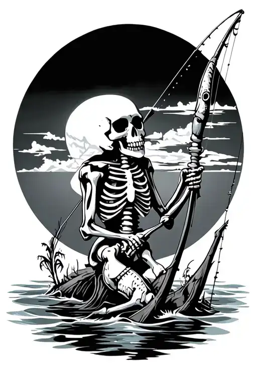 skeleton fishing tattoo design idea