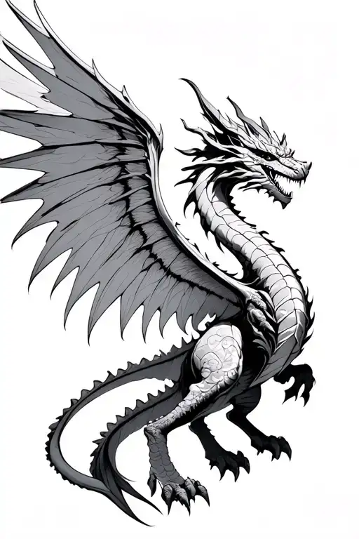 feminine soaring upward fantasy dragon with big wings, should look majestic, can have some smokiness to it and celestial tattoo design idea