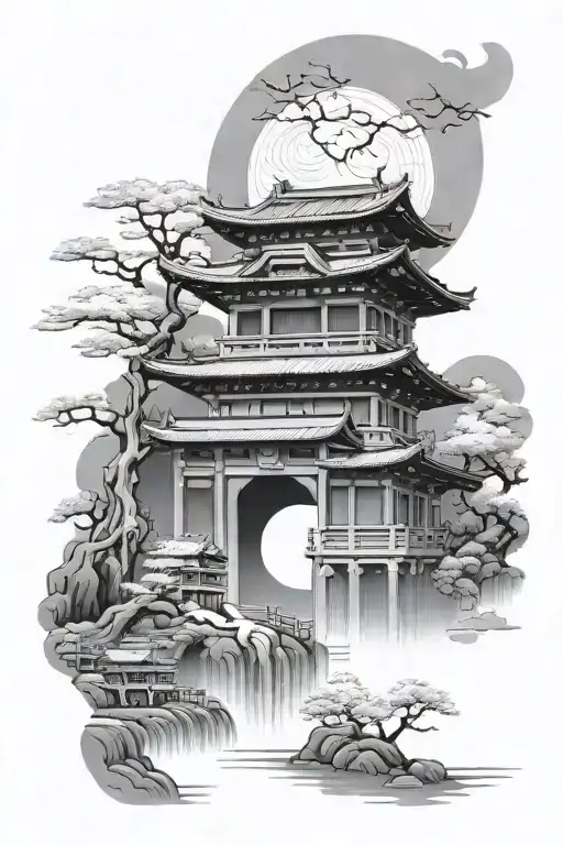 japanese kaizen ji temple gate with river with moon reflecting tattoo design idea