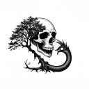 a skull from which a tree grows downwards, which envelops the Jörmungandr tattoo design idea