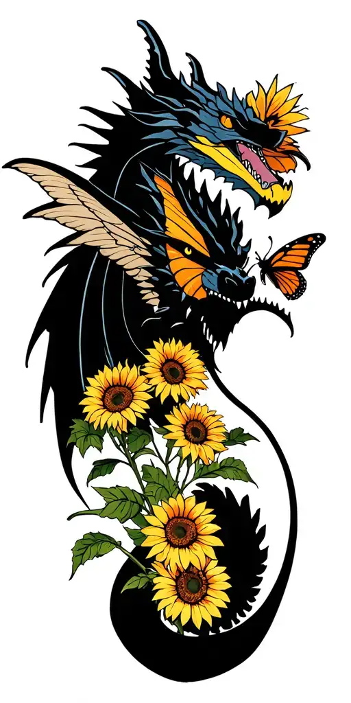 Hollywood undead Dragon with butterfly wings and Sunflowers  tattoo design idea