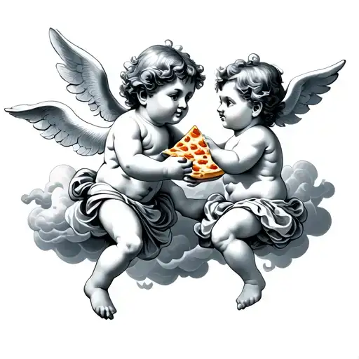 2 cherubs in clouds with one of them handing a piece of cheese pizza to the other tattoo design idea