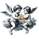 2 cherubs in clouds with one of them handing a piece of cheese pizza to the other tattoo design idea