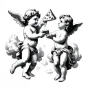 2 cherubs in clouds with one of them handing a piece of cheese pizza to the other tattoo design idea