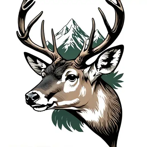 mule deer head and mountains tattoo design idea