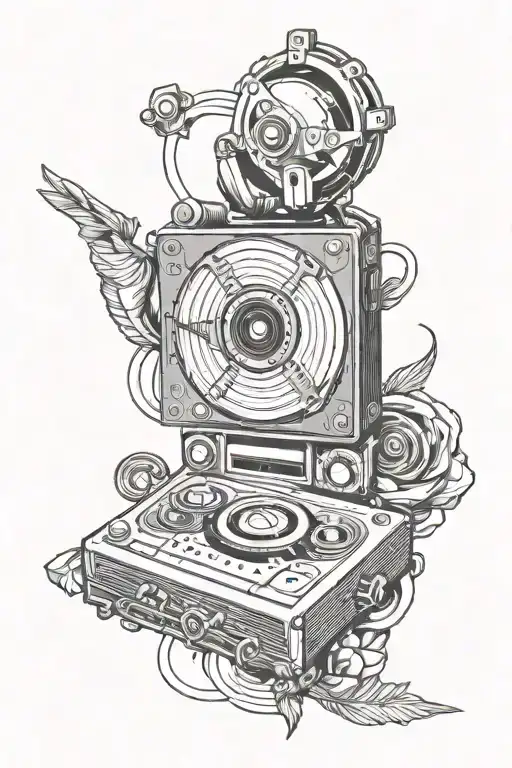CD, cassette, records on old school tattoo design idea