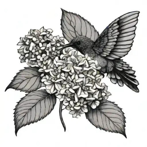 dried hydrangeas and hummingbird black and grey traditional but geometric  tattoo design idea