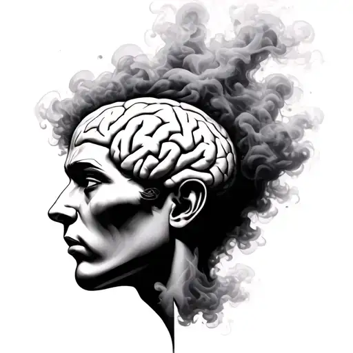brain covered in smoke and clouds male face tattoo design idea