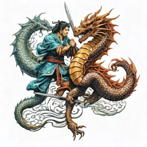 dragon and samurai warrior battling colorfull tattoo design idea