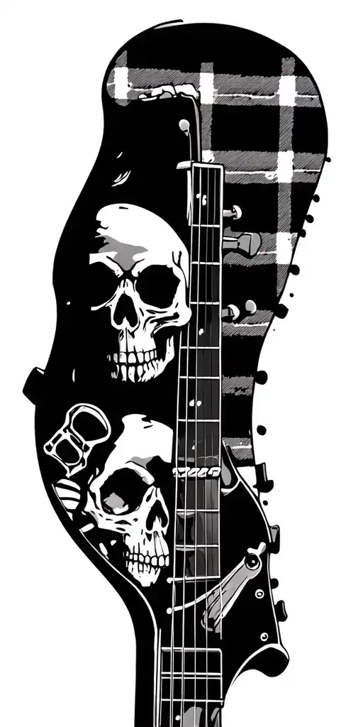 skulls background with plaid, guitar, 80s, brick wall tattoo design idea