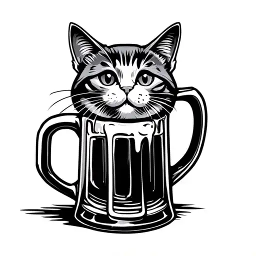 drunk cat drink beer mug only lines stencil old school style tattoo design idea
