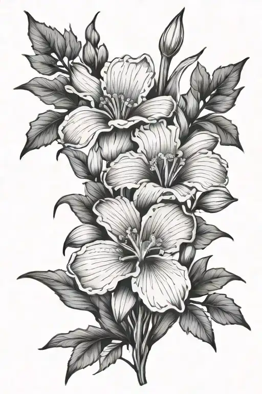 poppy flower, gladiolus flower, carnation flower, snowdrop flower, iris flower, violet flower, and holly flower tattoo design idea