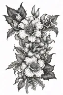 poppy flower, gladiolus flower, carnation flower, snowdrop flower, iris flower, violet flower, and holly flower tattoo design idea