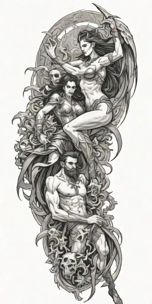 inarius fighting lilith diablo iv video game character surrounded tattoo design idea