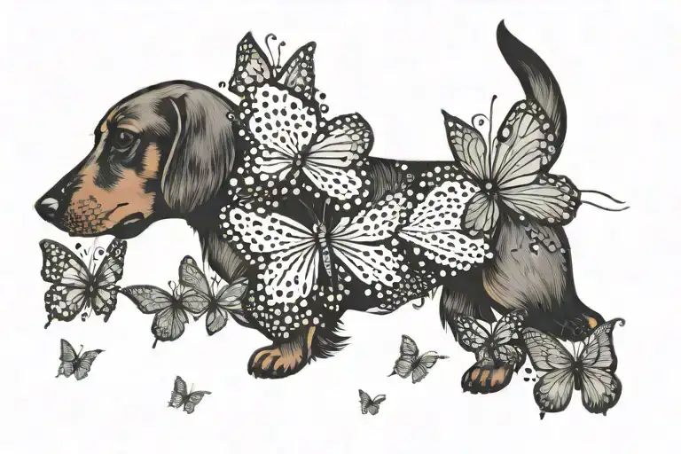 dachshund chasing butterflies fluttering tattoo design idea