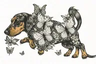 dachshund chasing butterflies fluttering tattoo design idea