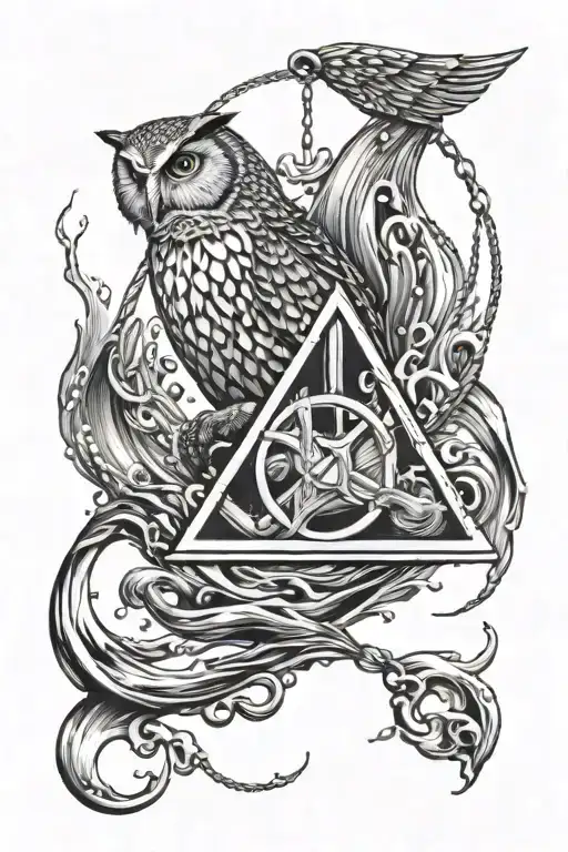 Deathly Hallows symbol as a pendant in rippling water. The chain is held by Hedwig, the owl, flying above the water tattoo design idea