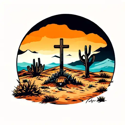 desert scene, cross tattoo tattoo design idea