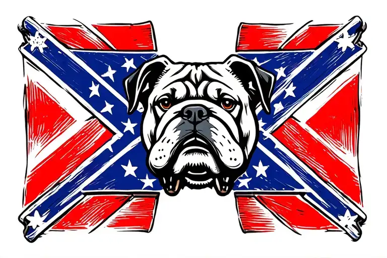 small  square red and blue confederate flag with bulldog head in center with border with american flag around it tattoo design idea